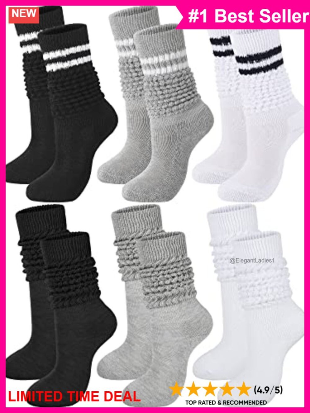 6 Pairs Slouch Socks Knee High Boot Socks Cotton Polyester Stretch
